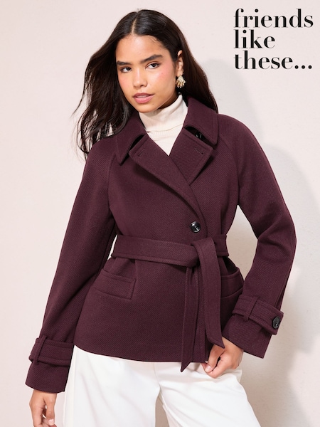 Friends Like These Burgundy Red Short Belted Twill Collared Jacket (W78009) | R$ 680