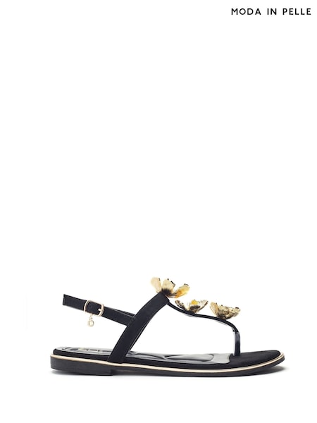 Moda in Pelle Jewelle Flower Print Trim Toe Post Flat Comfort Black Sandals (W78139) | R$ 880