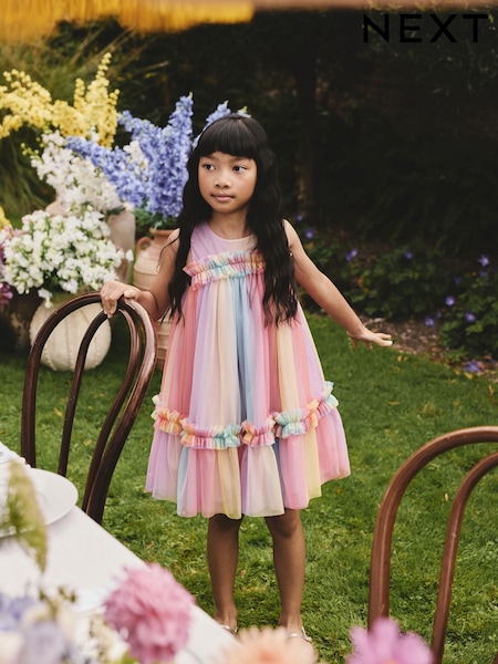 Rainbow Sleeveless Ruffle Mesh Party Dress (3-16yrs) (W78217) | $57 - $71