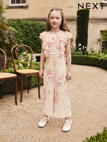 Yellow Floral Short Sleeve Pleated Ruffle Jumpsuit (3-16yrs) (W78226) | OMR19 - OMR23