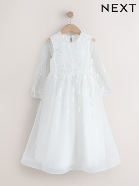 Alb - Floral Embroidered Long Sleeve Flower Bow Dress (3-16yrs) (W78230) | 484 LEI - 529 LEI