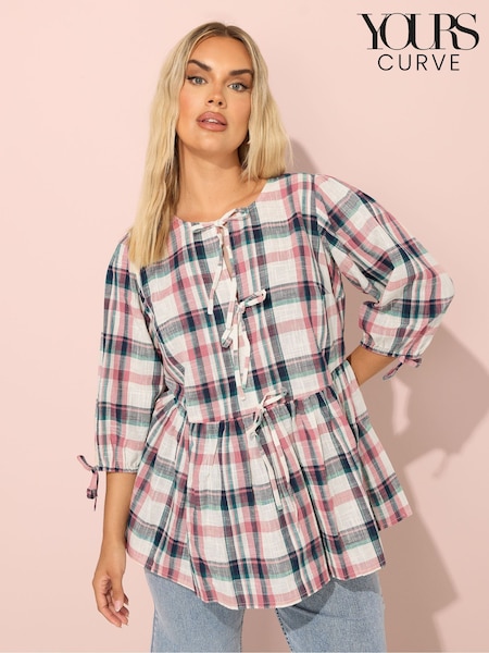 Yours Curve Natural Short Sleeve Check Tie Front Top (W78368) | €49