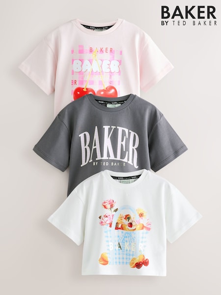 Baker by Ted Baker Pink & White 3 Pack Boxy Fit Graphic Printed T-Shirt (W78423) | 172 QAR - 199 QAR