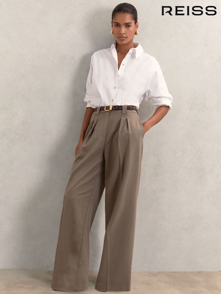 Reiss Neutral Poppie Petite Wide Leg Pleated Trousers (W78469) | AED1,008