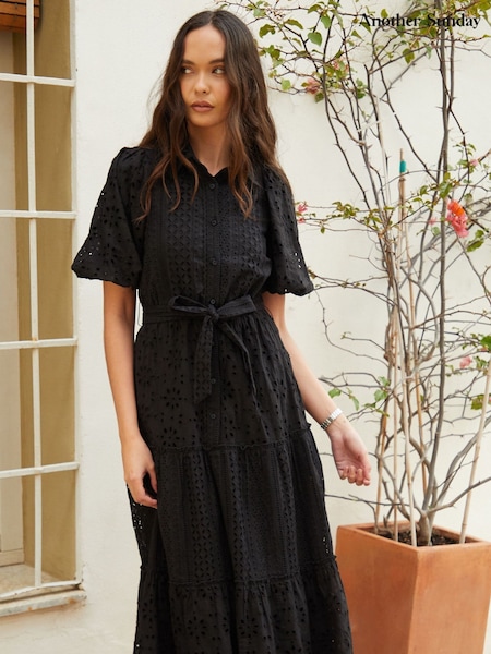 Another Sunday Black Broderie Button Through Midi Shirt Dress (W78485) | AZN 170
