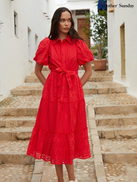 Another Sunday Red Broderie Button Through Midi Shirt Dress (W78490) | AZN 170