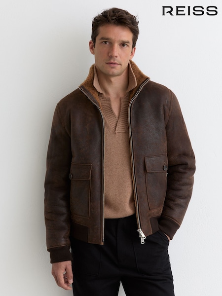 Reiss Brown Peveral Shearling Zip-Through Leather Jacket (W78567) | €1,824