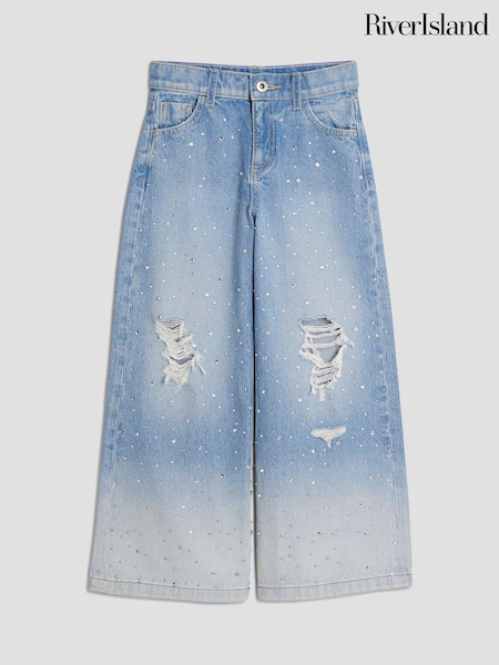 River Island Blue Girls Rip Diamante Ombre Wide Jeans (W78857) | AZN 80