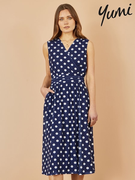 Yumi Blue Polka Dot Mesh Wrap Skater Dress With Pockets (W79135) | R$ 640