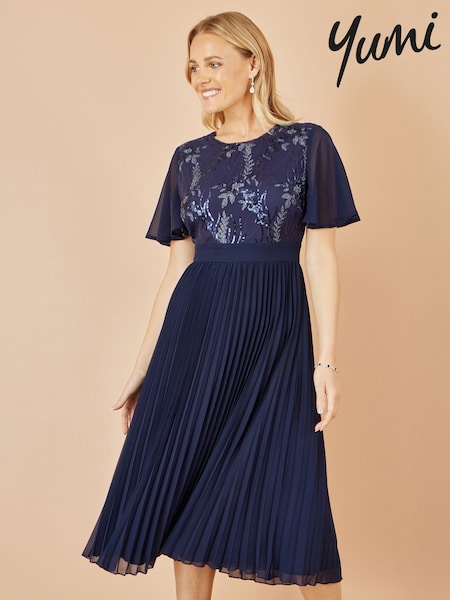 Yumi Blue Sequin Embellished Panel Pleated Midi Dress (W79137) | €89