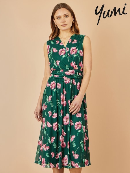 Yumi Green Floral Print Mesh Stretch Midi Dress With Pockets (W79138) | €83