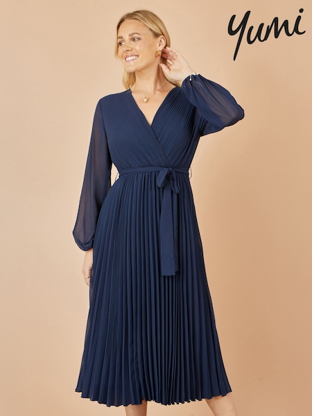 Yumi Blue Pleated Wrap Midi Dress With Sheer Long Sleeves (W79139) | €77