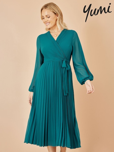 Yumi Light Blue Pleated Wrap Midi Dress With Sheer Long Sleeves (W79142) | €77
