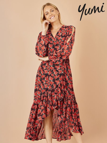 Yumi Rose Print Dipped Hemline Midi Dress With Open Long Sleeves (W79143) | 521 LEI