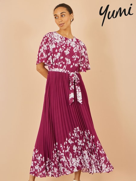 Yumi Red Mirror Floral Print Design Pleated Midi Dress (W79148) | €95