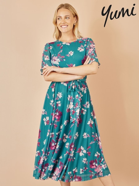 Yumi Blue Mesh Skater Floral Print Midi Dress (W79162) | €89