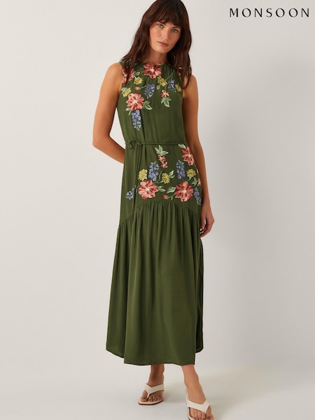 Monsoon Green Odelle Floral Print Embroidered Midi Dress (W79173) | R$ 890