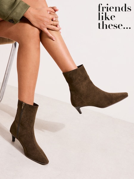 أخضر زيتوني - Friends Like These Faux Suede Kitten Heel Smart Point Ankle Boots (W79176) | ‏208 د.إ.‏