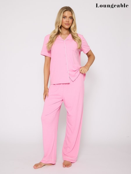 Loungeable Pink Short Sleeve Christmas Soft Rib Long Sleeve Button Through Pyjamas (W79207) | €42.50