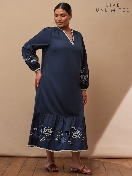 Live Unlimited Navy Embroidered Midaxi Dress (W79448) | R$ 980