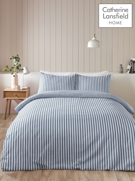 Catherine Lansfield Blue Brushed Stripe Cotton Reversible Duvet Cover Set (W80470) | KWD22.500