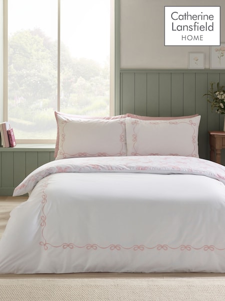 Catherine Lansfield White Or Pink Bow Embroidery Duvet Cover Set (W80544) | 109 QAR - 188 QAR
