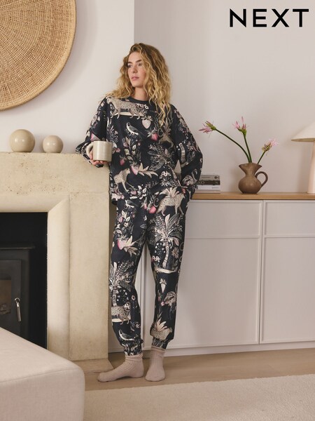 Charcoal Grey Leopard Long Sleeve Pyjamas (W80707) | 160 QAR