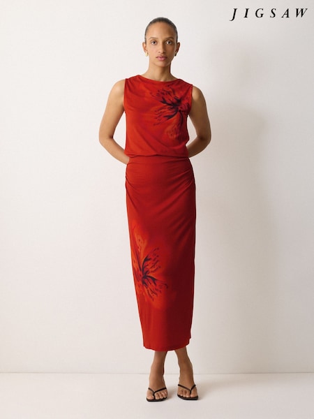 Jigsaw Red Fire Flower Print Jersey Skirt (W80805) | €126
