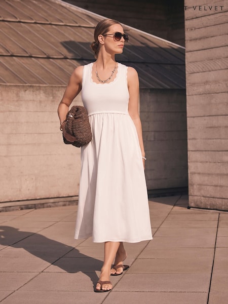 Mint Velvet White Scallop Trim Midi Dress (W80811) | 490 QAR