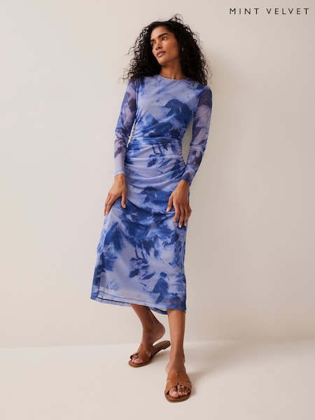 Mint Velvet Blue Abstract Print Mesh Midi Dress (W80812) | €140