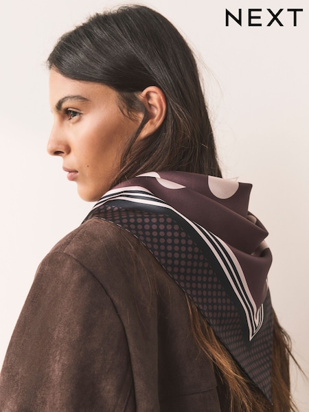 Chocolate Brown Polka Dot Satin Square Scarf (W81316) | AED59