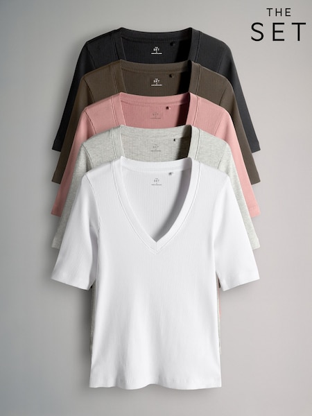 The Set 5 Pack V-Neck Short Sleeve Ribbed T-Shirts (W81380) | ‏125 ر.ق.