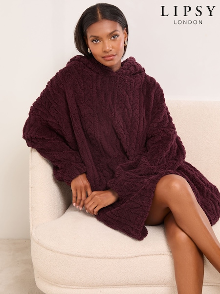 Lipsy Burgundy Cable Oversized Cosy Lounge Hoodie (W81387) | €54