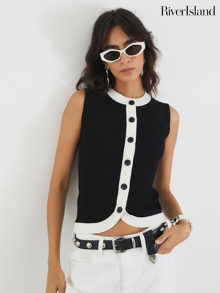 River Island Contrast Button Front Rib Top (W82275) | R$ 295