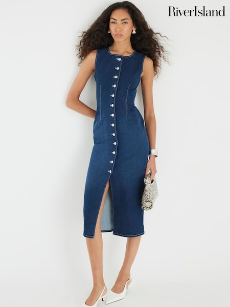 River Island Blue Denim Button Front Midi Dress (W82293) | €73