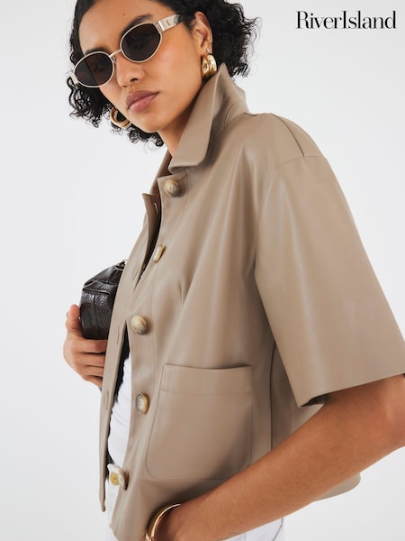 River Island Brown Faux Leather Button Through Shirt (W82311) | €50
