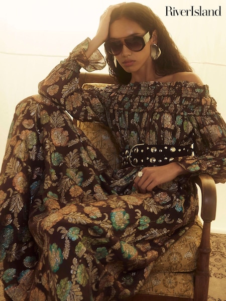 River Island Brown Printed Bardot Maxi Dress (W82314) | €69
