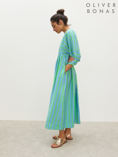 Oliver Bonas Blue Striped V-Neck Midi Dress (W82327) | €114