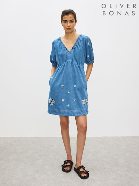Oliver Bonas Blue Embroidered V-Neck Denim Mini Dress (W82332) | R$ 770