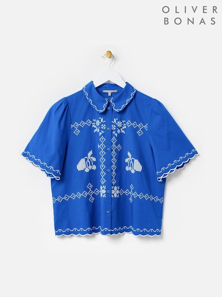 Oliver Bonas Blue Cobalt Cross Stitch Short Sleeve Shirt (W82335) | €83