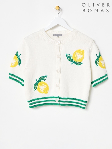 Oliver Bonas White Lemon Embroidered Short Sleeve Cardigan (W82351) | €89