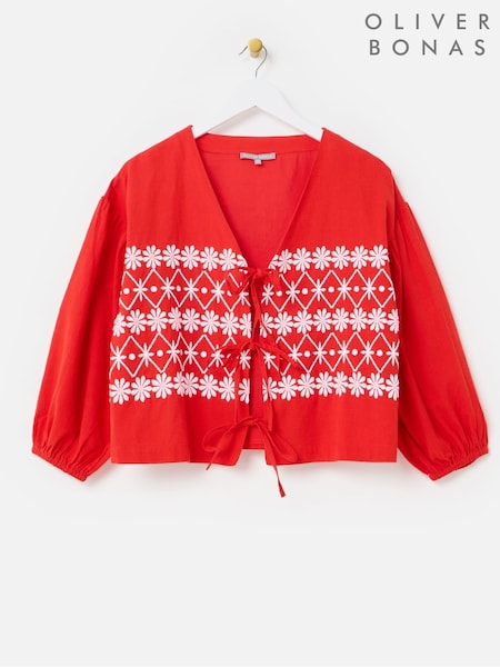 Oliver Bonas Floral Print Embroidered V-Neck Tie Front Blouse (W82357) | 92 €