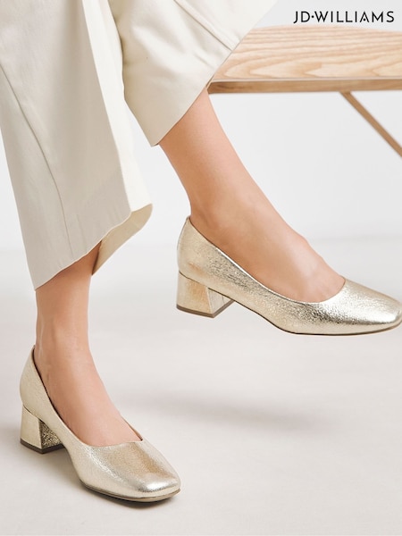 JD Williams Gold Extra Wide Fit Heavenly Soles Low Block Heels Court Shoes (W82423) | €43
