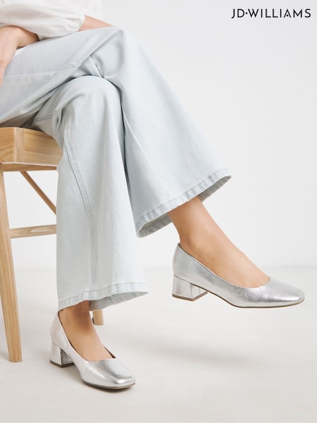 JD Williams Silver Extra Wide Fit Heavenly Soles Low Block Heels Court Shoes (W82431) | €43
