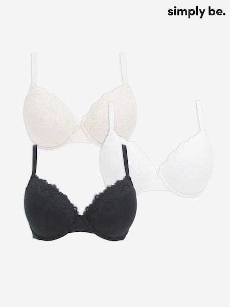 Simply Be Black Harper Lace Padded Plunge Bras 3 Pack (W82460) | €40