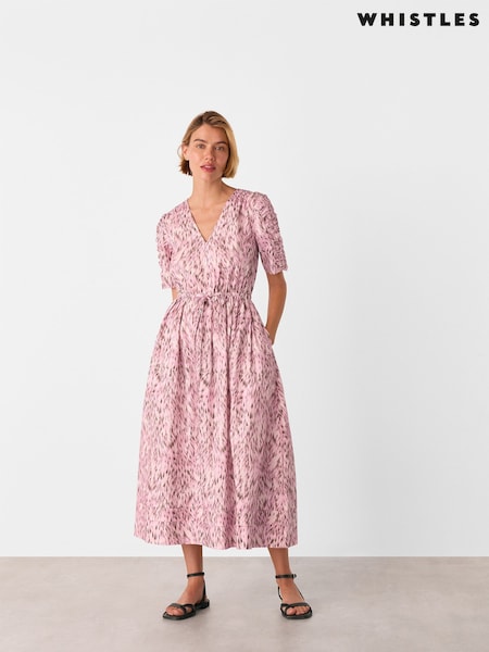 Whistles Pink Leopard Print Cotton Midi Dress (W82645) | R$ 1.570