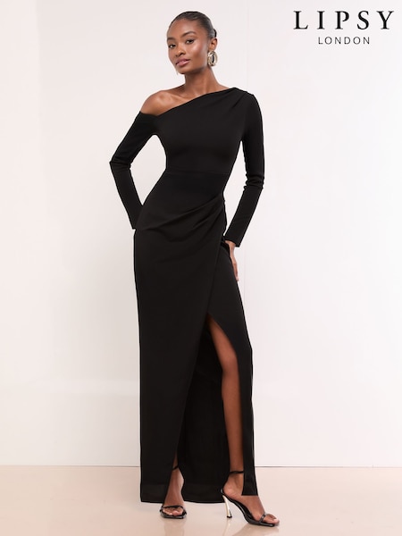Negro - Lipsy Long Sleeve Off The Shoulder Gathered Waist Maxi Dress (W82755) | 112 €