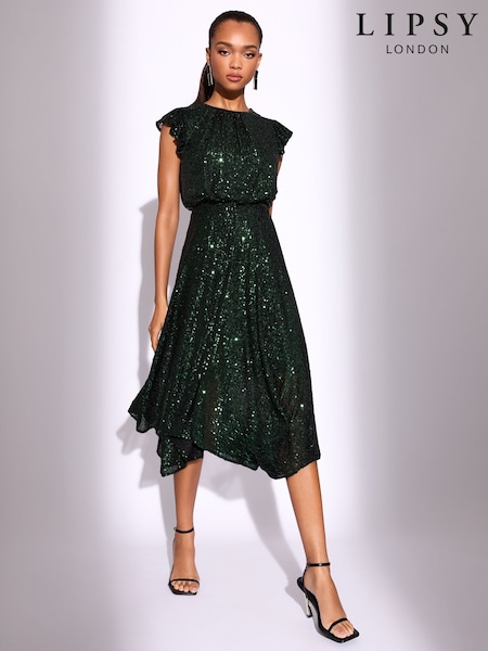 Lipsy Green Sequin High Low Fit And Flare Midi Dress (W82756) | €134