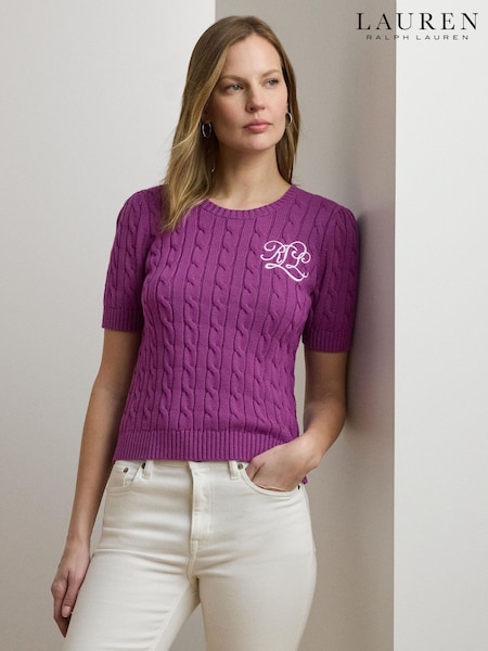 Lauren Ralph Lauren Purple Tarjyll Cable Knit Embroidered Logo Short Sleeve Knit Jumper (W82833) | € 248