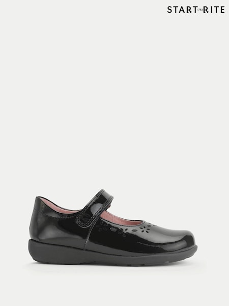 Start-Rite Girls Emily Shiny Patent Mary Jane Single Rip Tape School Black Shoes (W82890) | 357 LEI